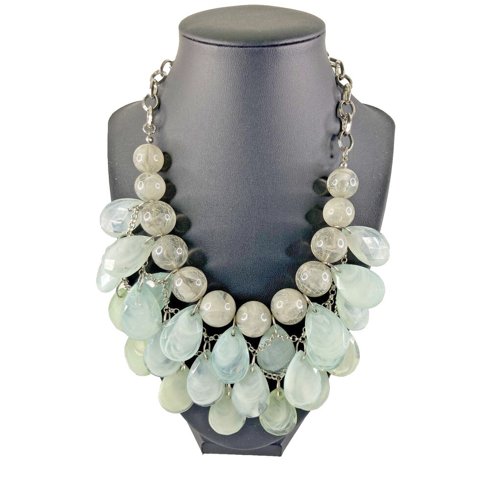 STATEMENT NECKLACE Seafoam Teardrop Beads Gray Round Bold Layered Silver Chain